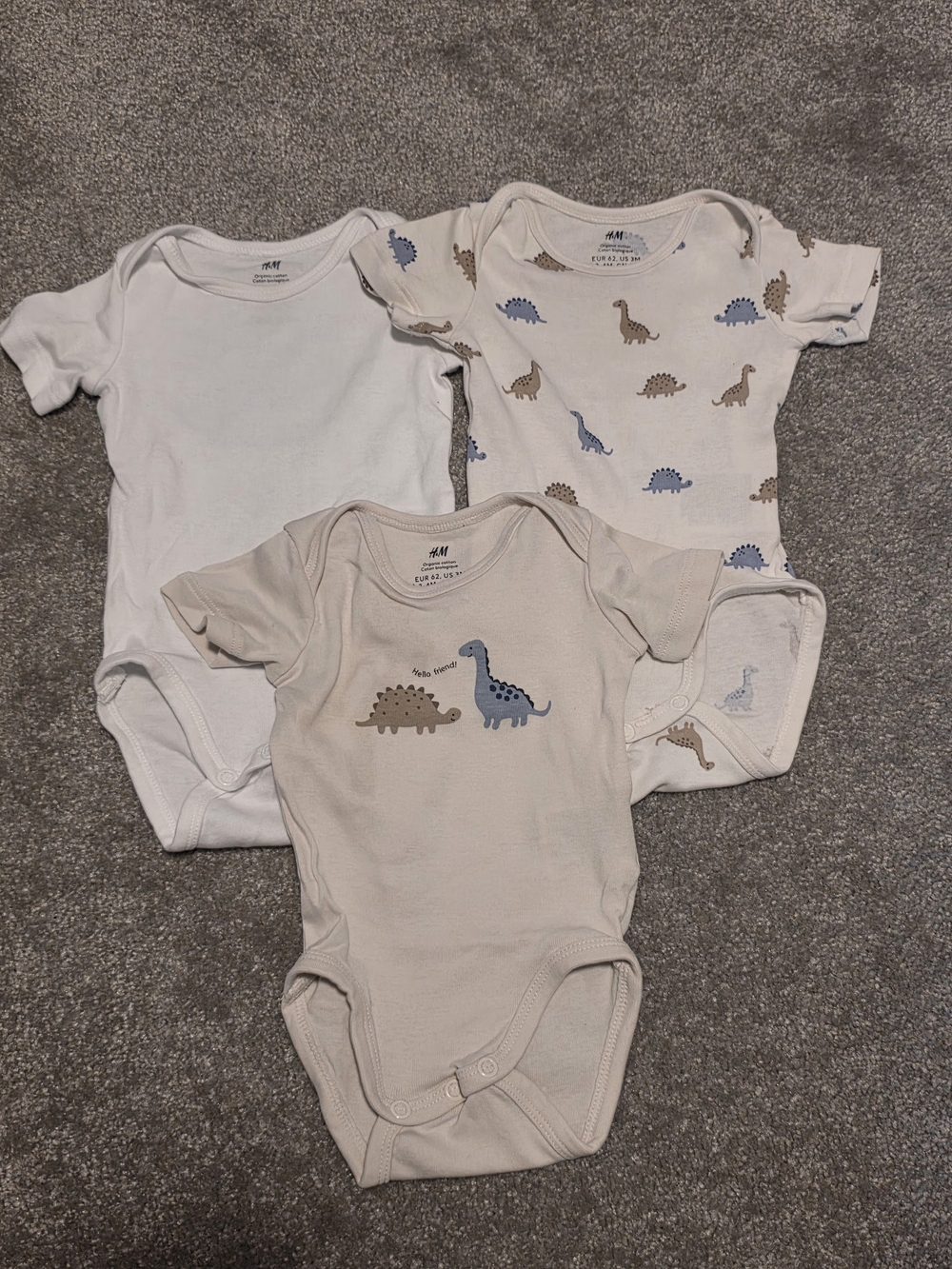 H&M White, Beige & Blue Dino Print Baby One-Piece Bodysuits - 3-Pack